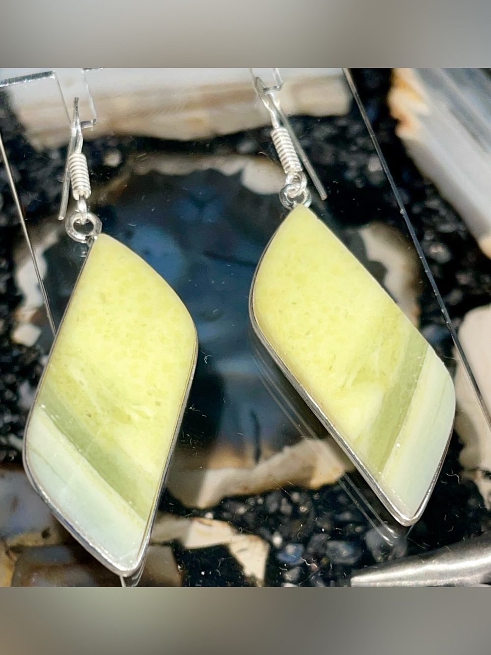 Green Larsonite Bugwood Earrings 2 1/2”